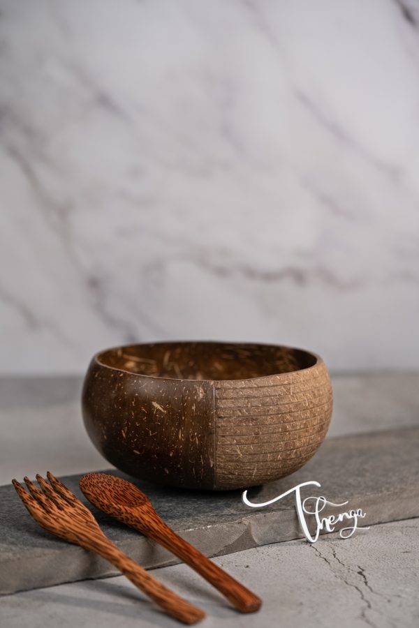 Thenga Hand Carved Jumbo Coconut Bowl with Spoon and Fork