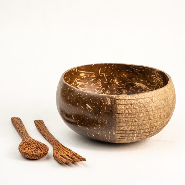 Thenga Hand Carved Jumbo Coconut Bowl with Spoon and Fork
