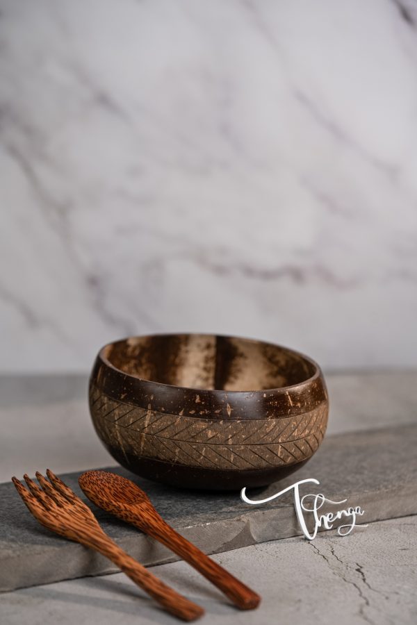 Thenga Geometric Jumbo Coconut Bowl with Spoon and Fork