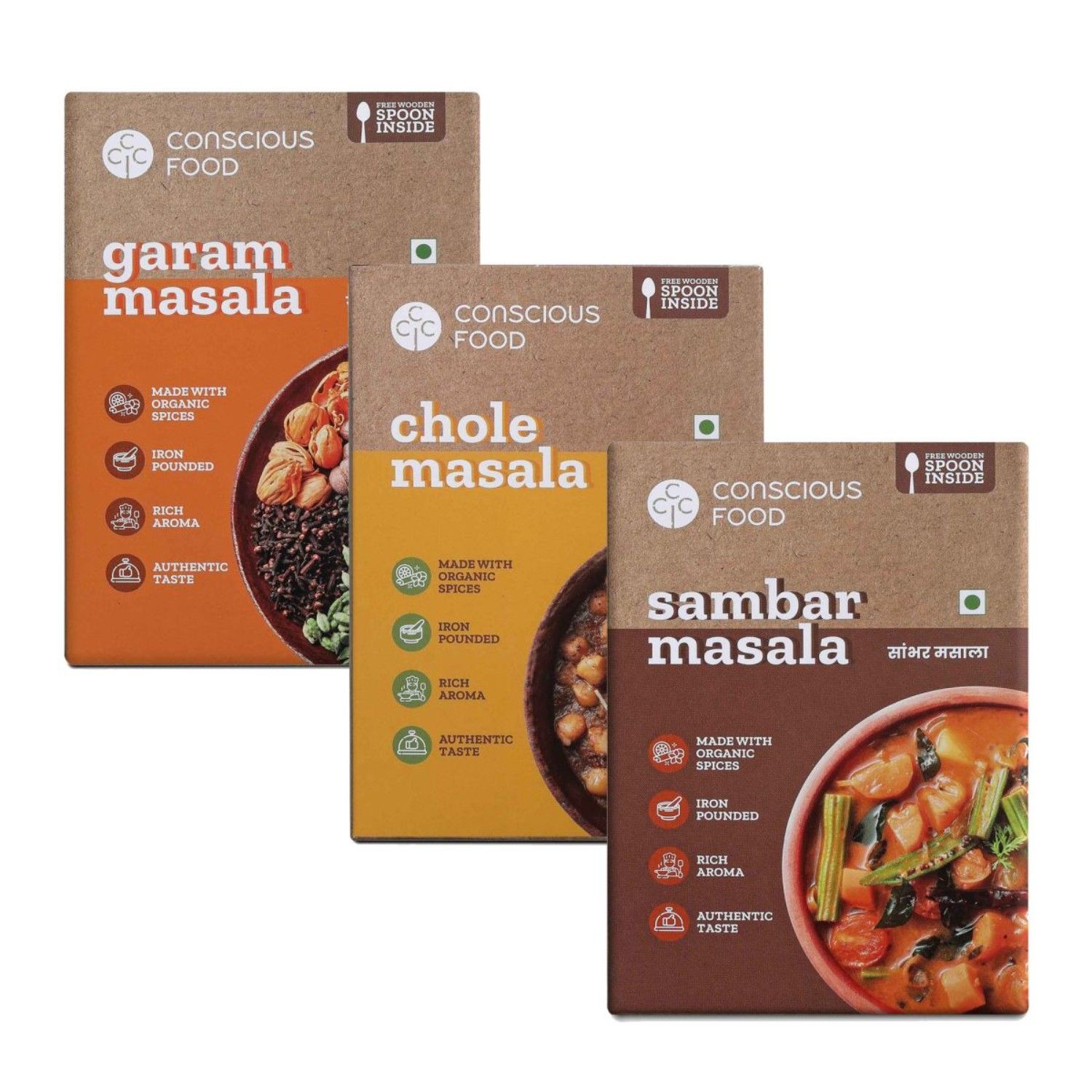 conscious food organic garam masala, chole masala & sambar masala