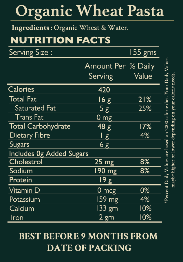 nutritional fact label of organic wheat pasta