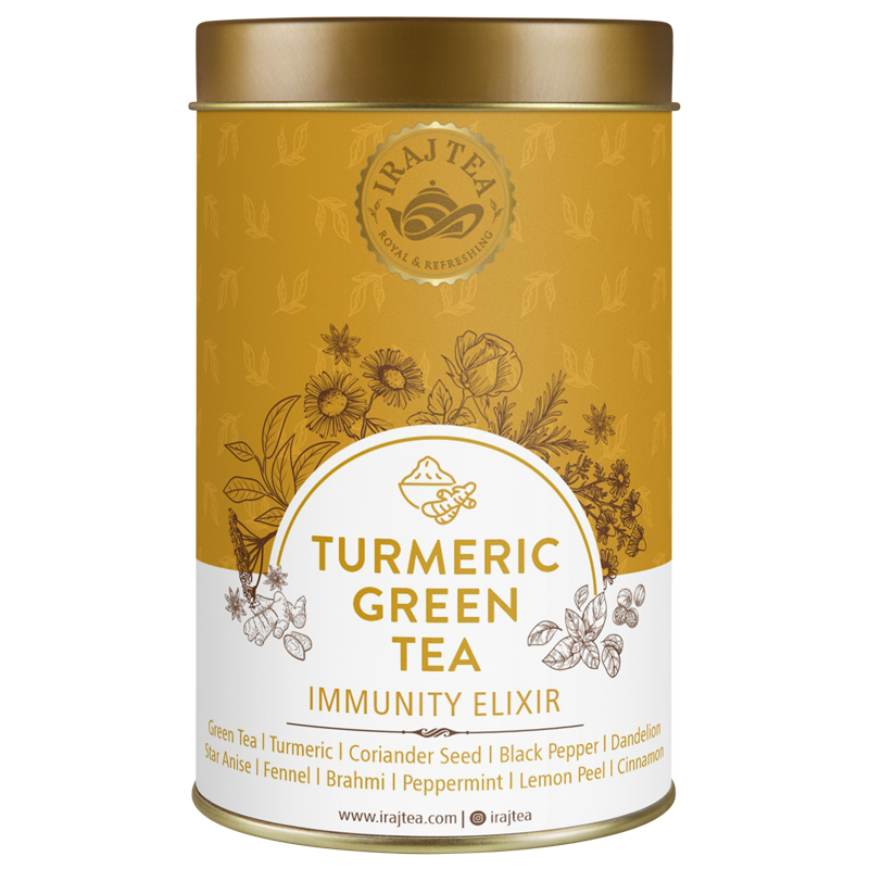 Tin can of Iraj turmeric green tea