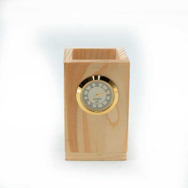 Wooden Pen Stand With Clock